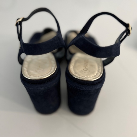 CHANEL Blue Suede Platform Wedge CC Sandals - Picture 8 of 13